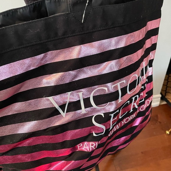 Victoria's Secret Overnight Canvas Purse Metallic Pink w/ Black Stripes Tote - Picture 6 of 13